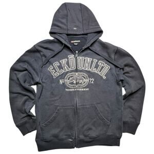 Vintage Y2K Ecko UNLTD Hoodie Mens M Navy Zip Up Big Rhino Logo Hip Hop Skater